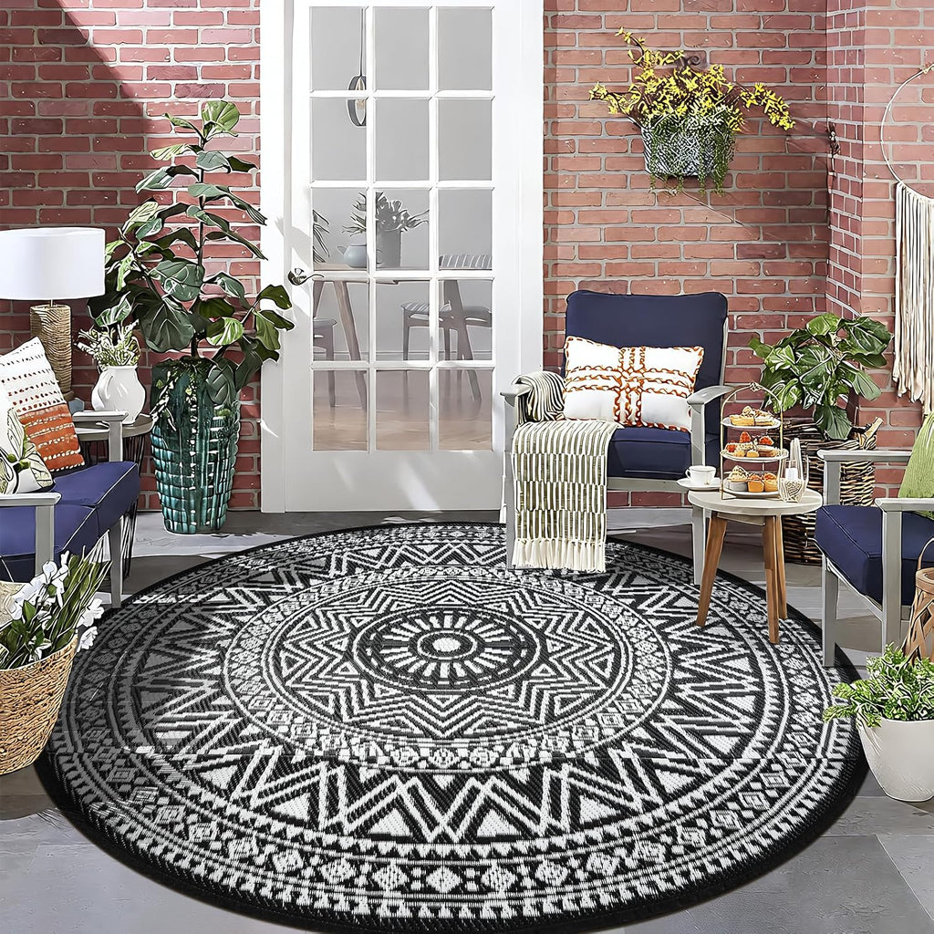 Outdoor Rug Waterproof 5ft Round, Reversible Boho Plastic Straw Patio Camping Area Rugs, Portable Indoor Outdoor RV