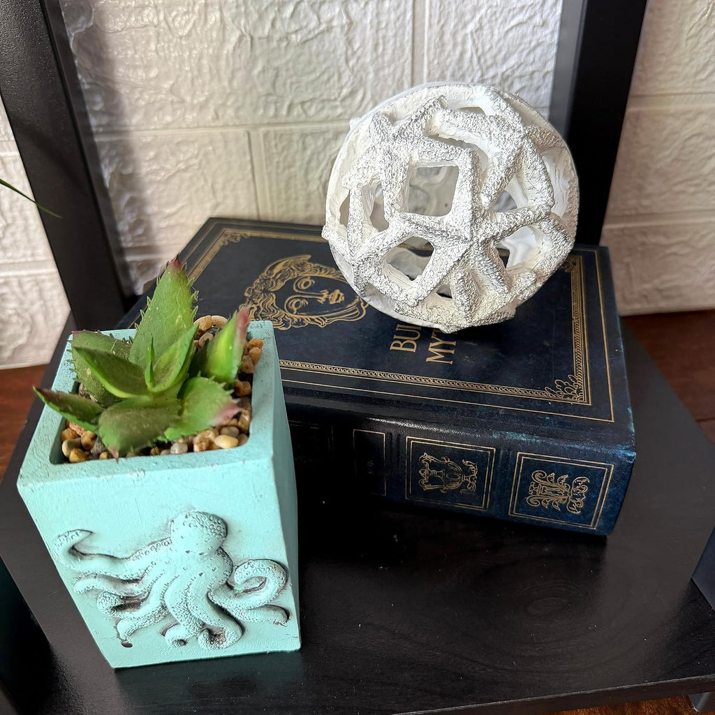 Decorative Orbs Coastal 4 Inch Resin Decorative Balls Set of 3 with Starfish Openwork Design, Blue Aqua Sand and