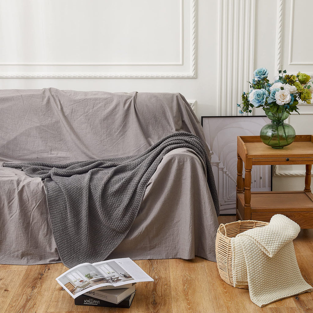 100% Cotton Knitted Throw Blanket - Dark Grey, Soft & Cozy, Machine Washable, 51"x63" - Perfect, Couch, Sofa, Bed or