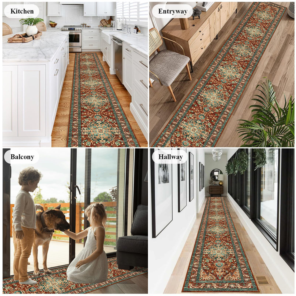 Boho Hallway Runner Rug, Washable Carpet, Rust&Teal