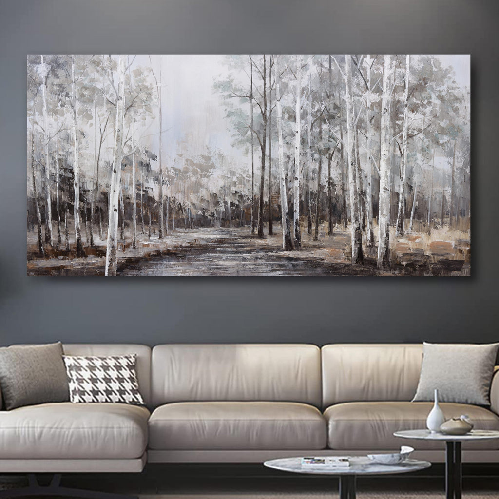 White Birch Tree Wall Art Grey Forest Painting Abstract Canvas Art Landscape Panoramic Picture Nature Artwork Framed