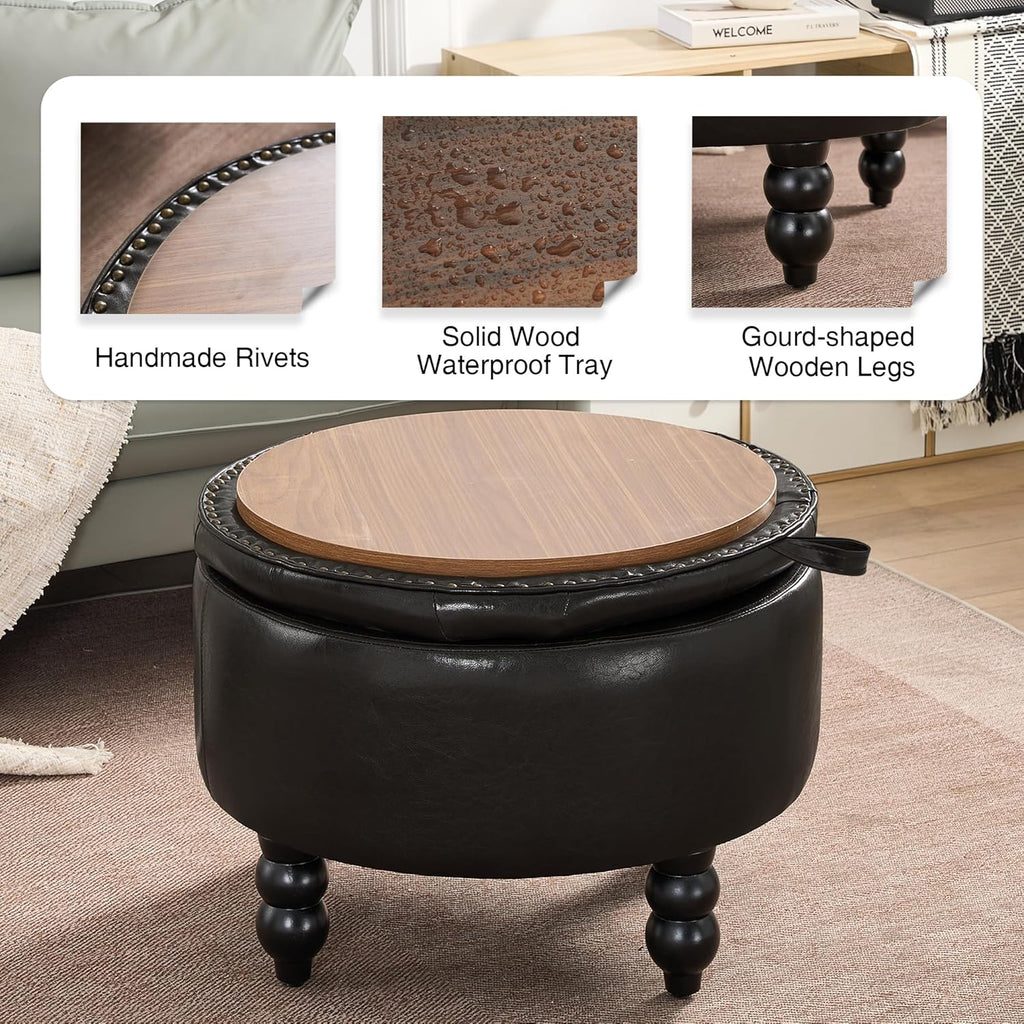 30 Inch PU Leather Round Storage Ottoman with Tray, Modern Upholstered Tufted Coffee Table with Storage, Large