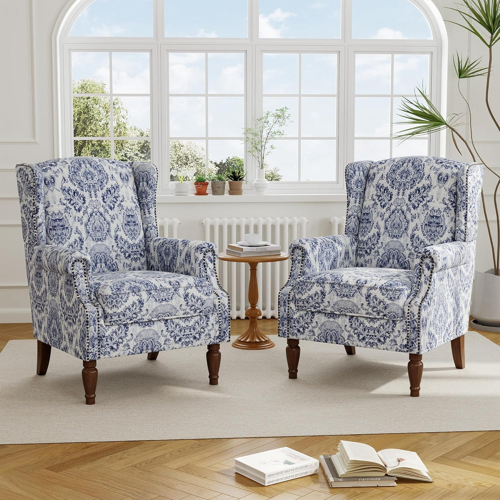 Wingback Accent Chair with Wood Legs, Navy Blue, Set of 1 | High Back with Side Wings | Armrest Nailhead Trim | Solid