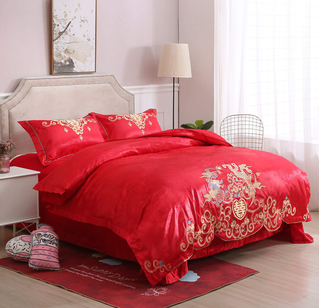 Chinese Wedding Bedding Set Queen 4Pcs - Red Satin Sheets with Dragon & Phoenix Embroidery, 100% Cotton Satin, Duvet