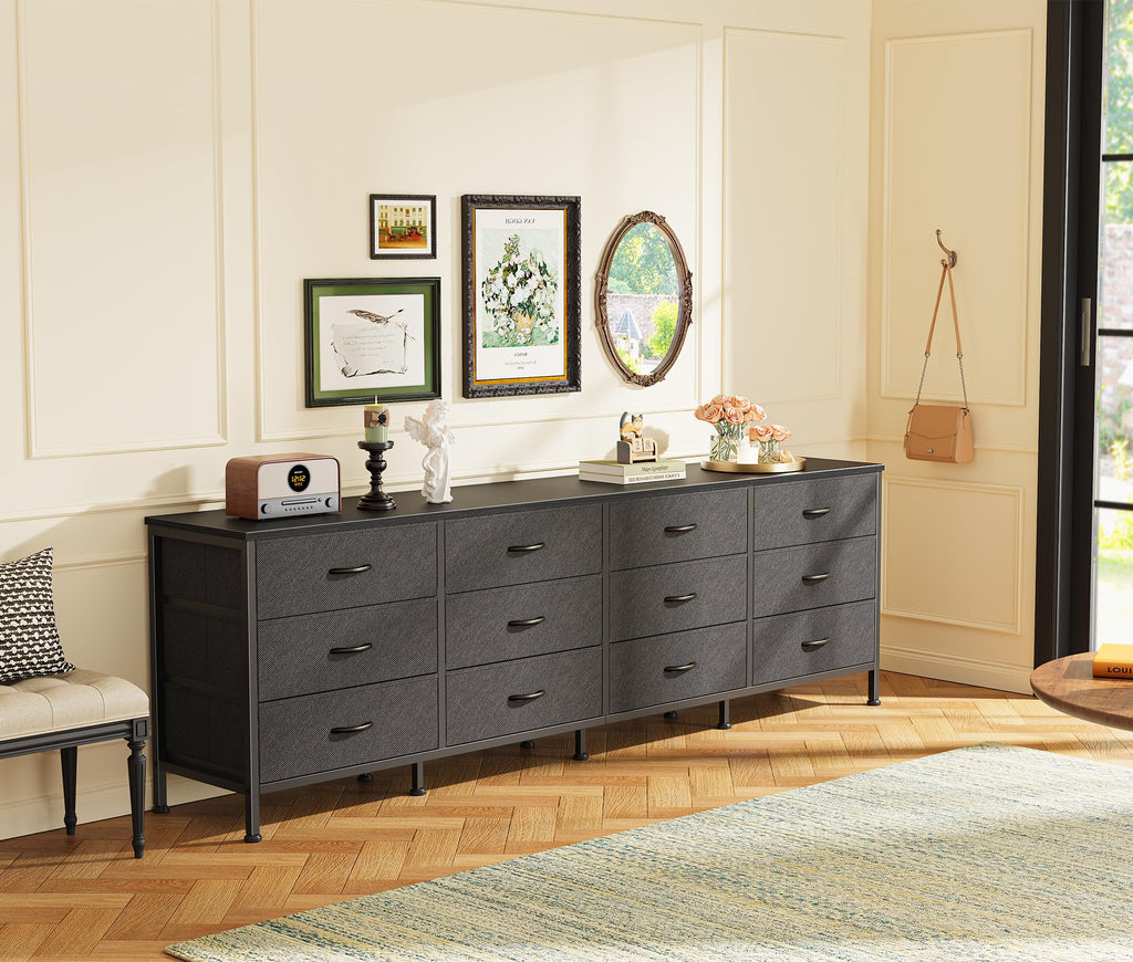 70 Inch Black Dresser, TV Stand for 65, 75, 80 Inch TV, 12 Fabric Drawer Long Dresser, Wide Chest of Drawer, Storage