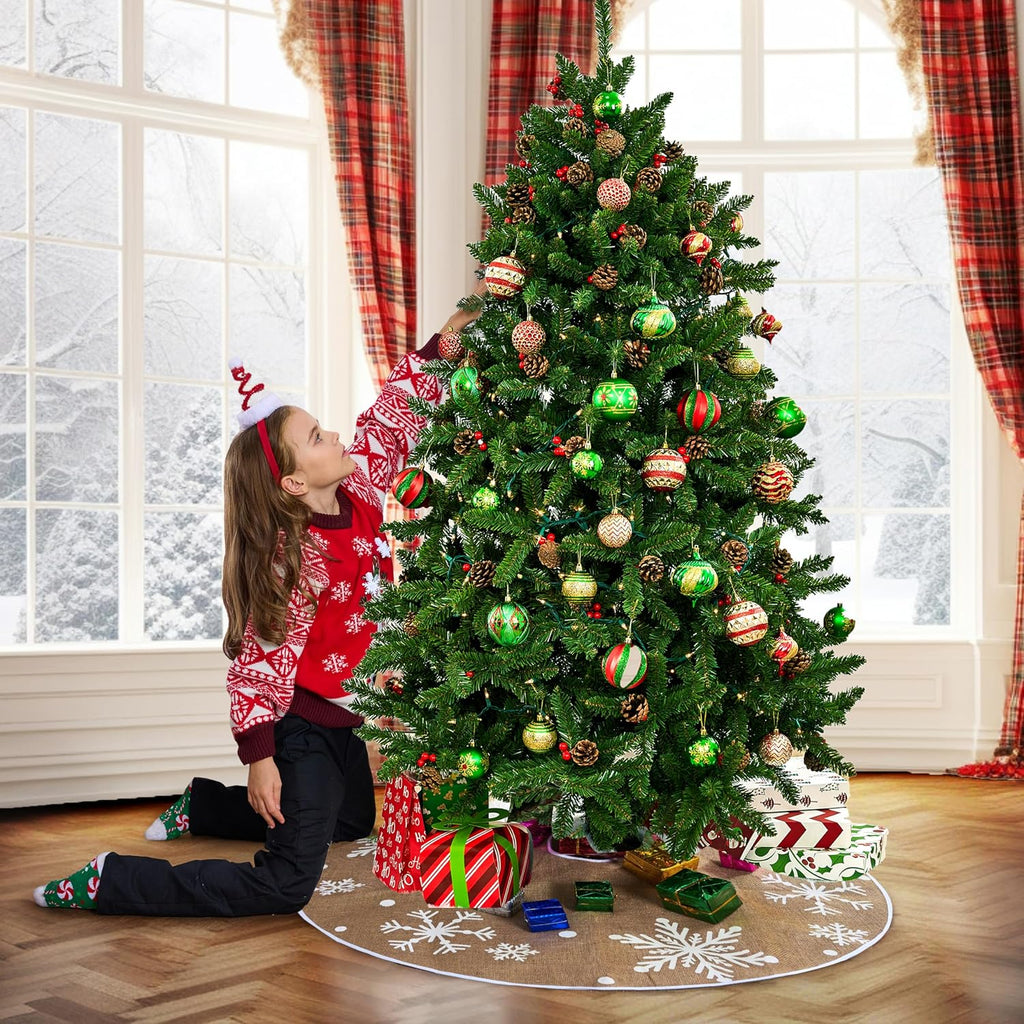 36" Christmas Burlap Tree Skirt with Snowflakes, Decoration for Xmas Home Holiday Indoor Outdoor Seasonal Decors