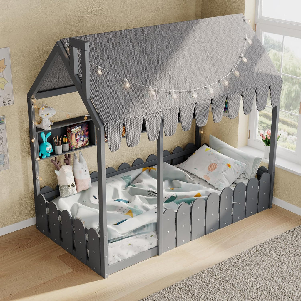 Montessori House Bed for Kids, Floor Bed with Fence Railings, Tent, Lights & 3 Storage Shelves, Slats are not