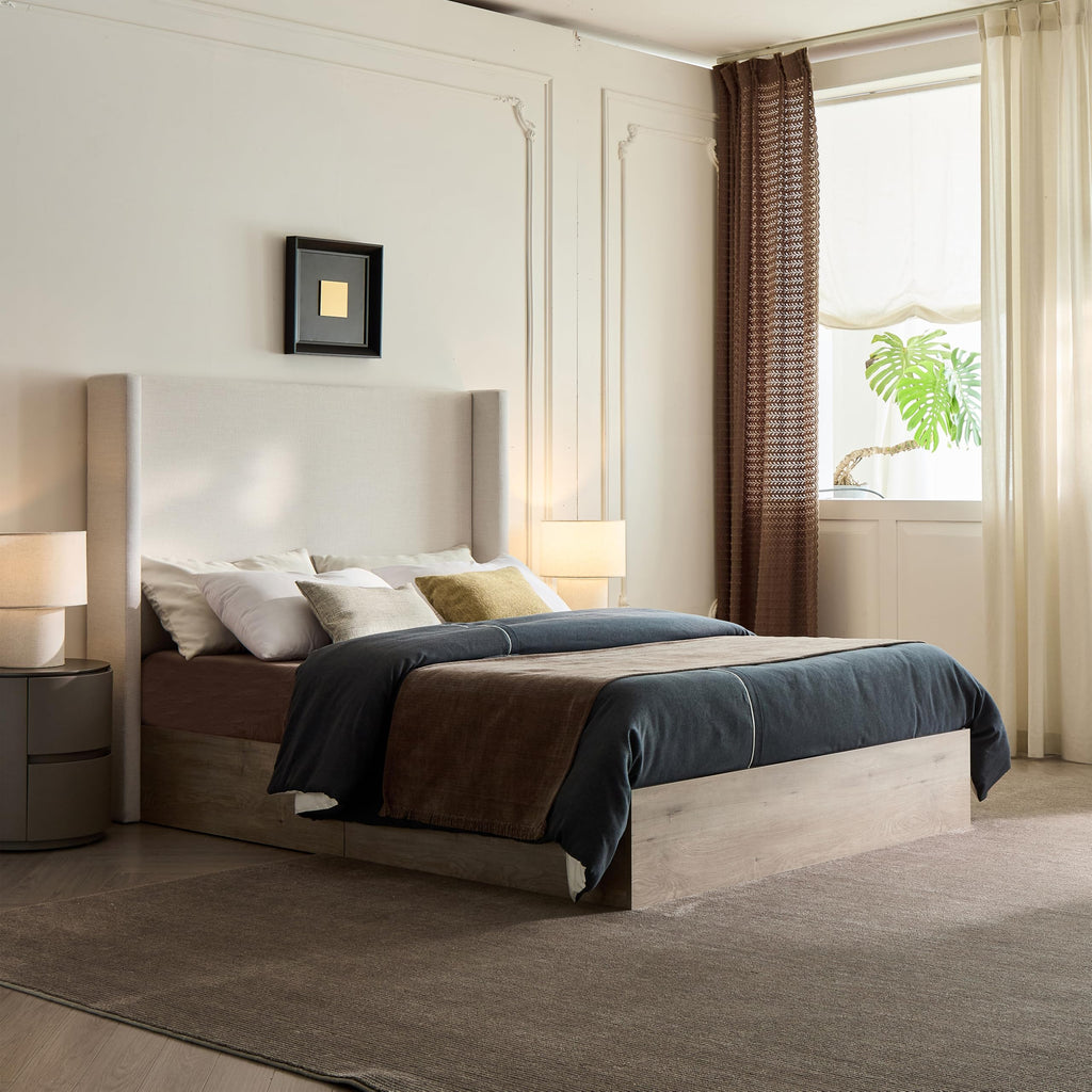 Upholstered Bed Frame, 54" Tall Headboard Shelton Wingback Bed Frames, Wood Base Platform Beds, No Box