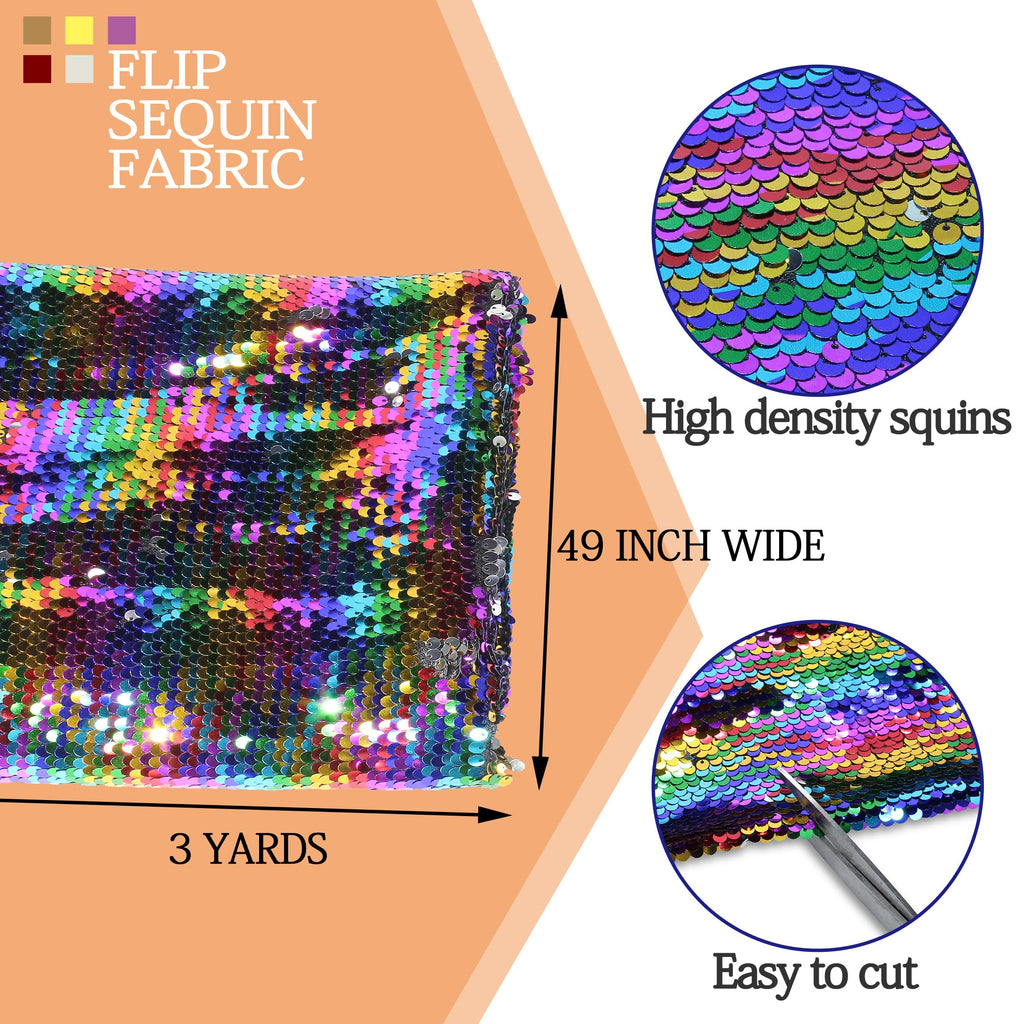 Flip Sequin Fabric by The Yard, Half Yard, Rainbow + Silver