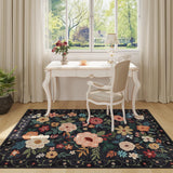 3x5 Washable Floral Area Rug, Lightweight Non-Slip Carpet for Living Room Bedroom Black