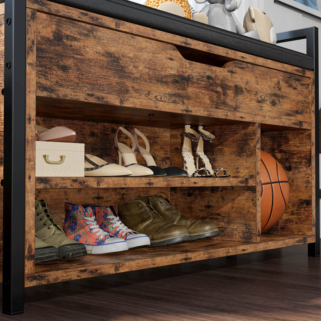 Shoe Storage Bench, Entryway Bench with Lift Top Storage Box, Metal and Board Bench, Two Tier Shoe Rack Organizer