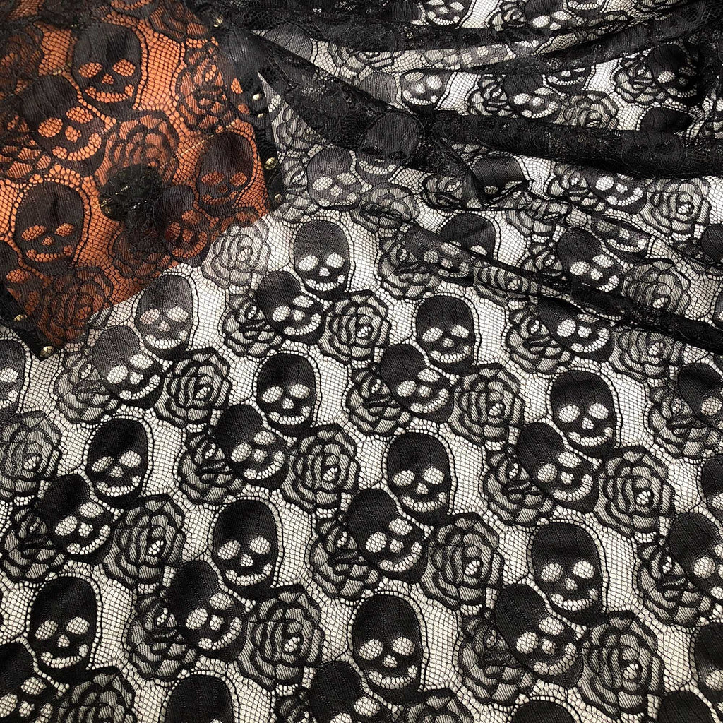Black Lace Fabric, 60"*36" Skull Pattern, Allover Nylon Material, Soft Touch for Halloween Party, DIY Sewing Garment
