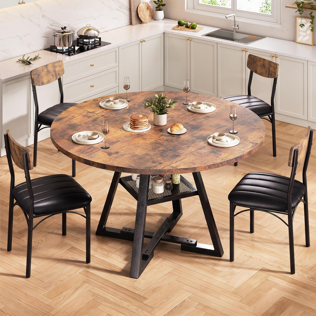 Dining Table Set for 4, Kitchen Table and Chairs for 4, Round Dining Room Table with Upholstered Chairs, 5 Piece Space