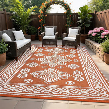 Outdoor Rugs Patios Vintage Medallion Outdoor Rug,Orange/White