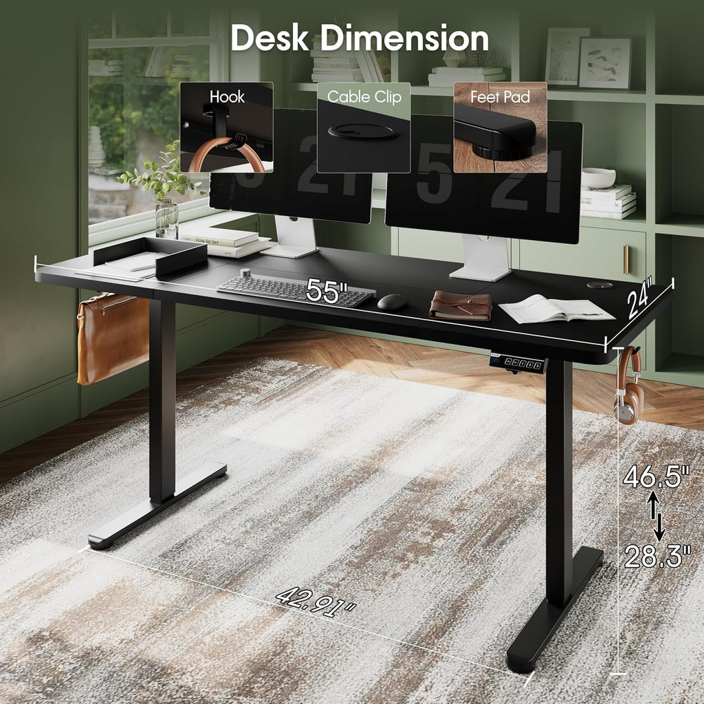 Electric Standing Desk 55"x24"Height Adjustable Sit Stand Up,Black | Ergonomic Computer Workstation Desk with Memory