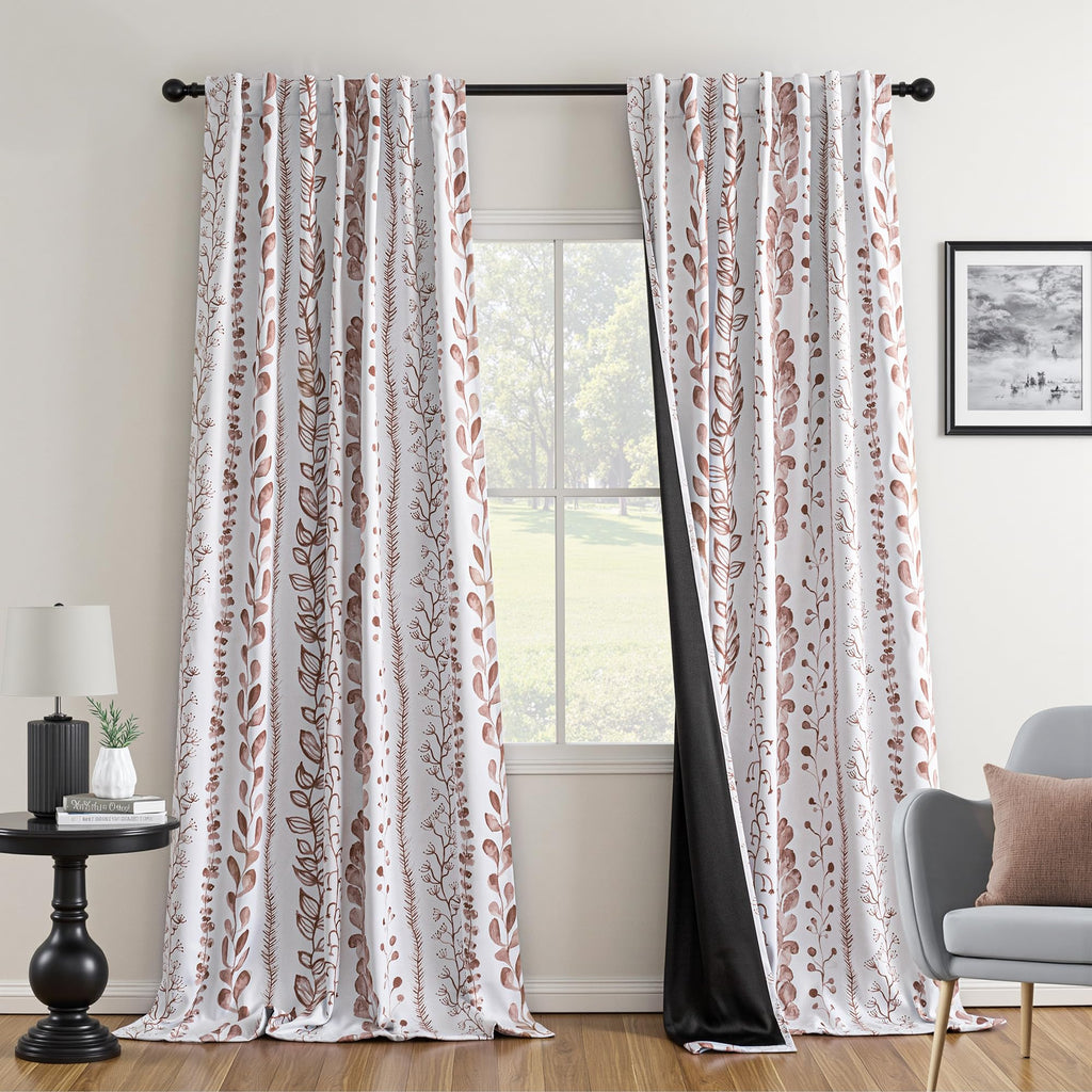 95% Blackout Curtains, Thermal Insulated Privacy Protection Back Tab Curtains 72 Inches Length, Brown Leaf Pattern