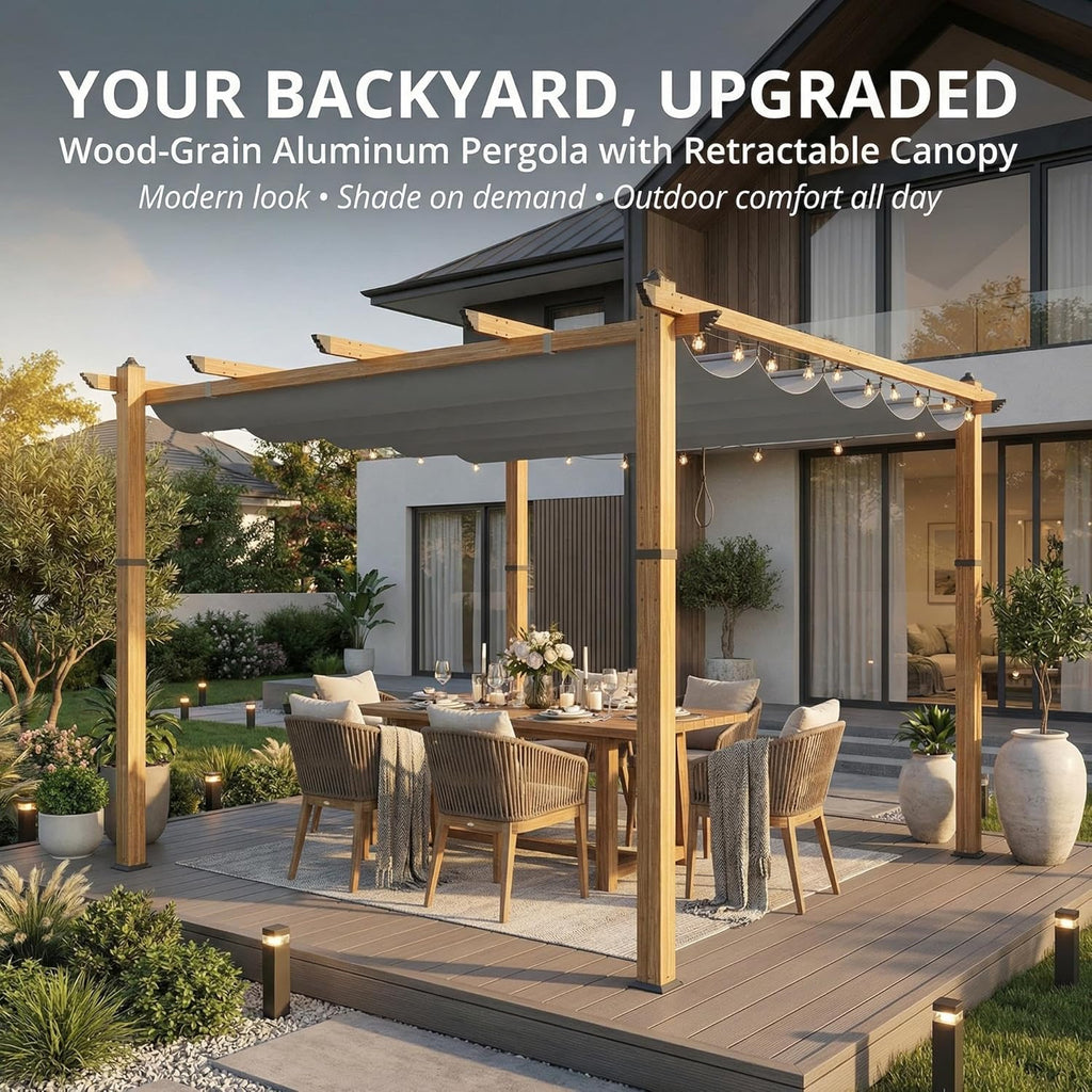 Outdoor Pergola 10x10 ft, Wood-Grain Aluminum Patio Pergola with Retractable Canopy for Backyard, Deck, Porch