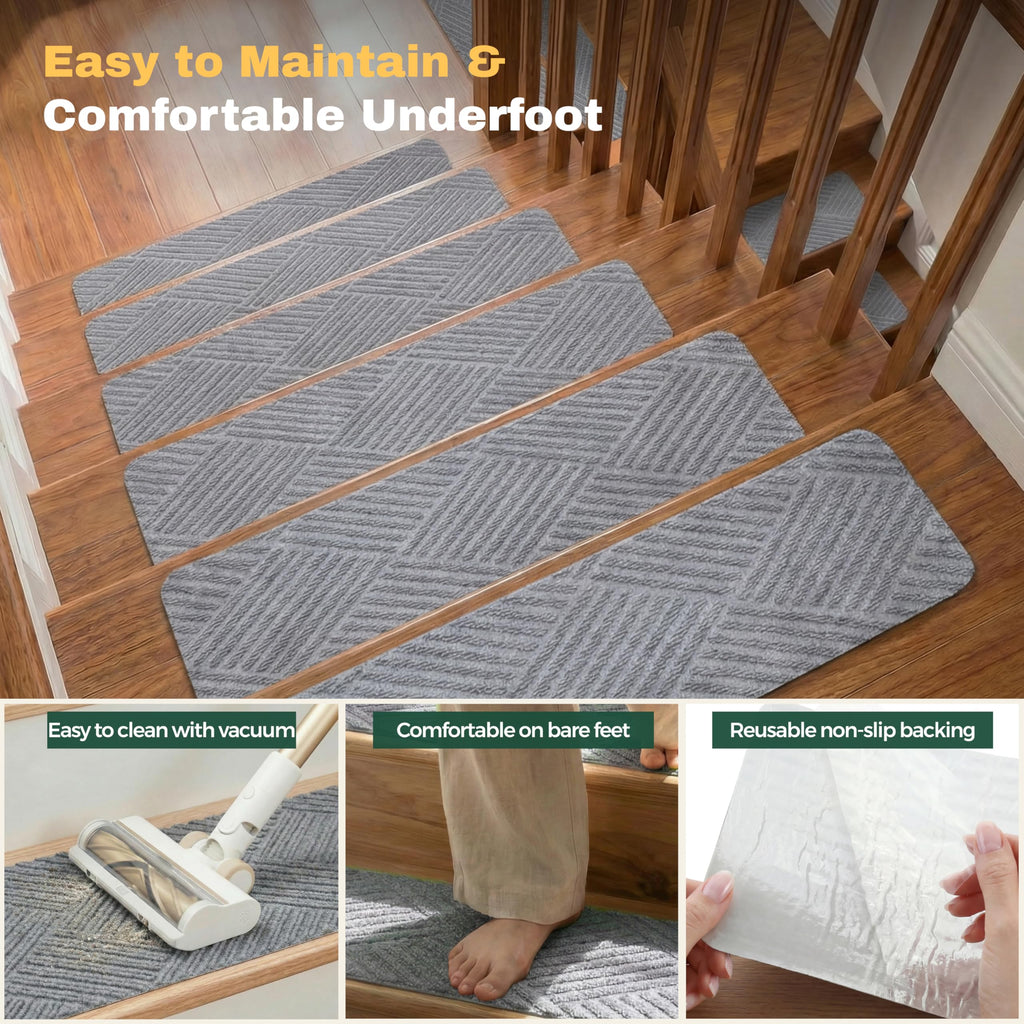 Woven Stair Treads for Wooden Steps, 15 Pack, 8" x 30", Light Gray