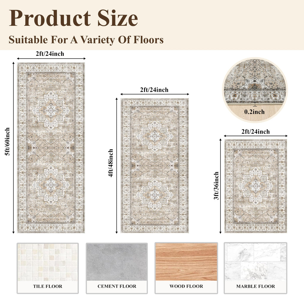 Washable Kitchen Rugs Sets of 3: Non-Slip Boho Kitchen Mats for Floor - Soft Low Pile Carpet Runner for