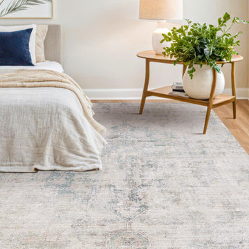 Blue Farmhouse Area Rug - 7x9 Washable Rug Table, Ultra-Thin Soft Textured Boho Abstract Blue and Gray Indoor Decor