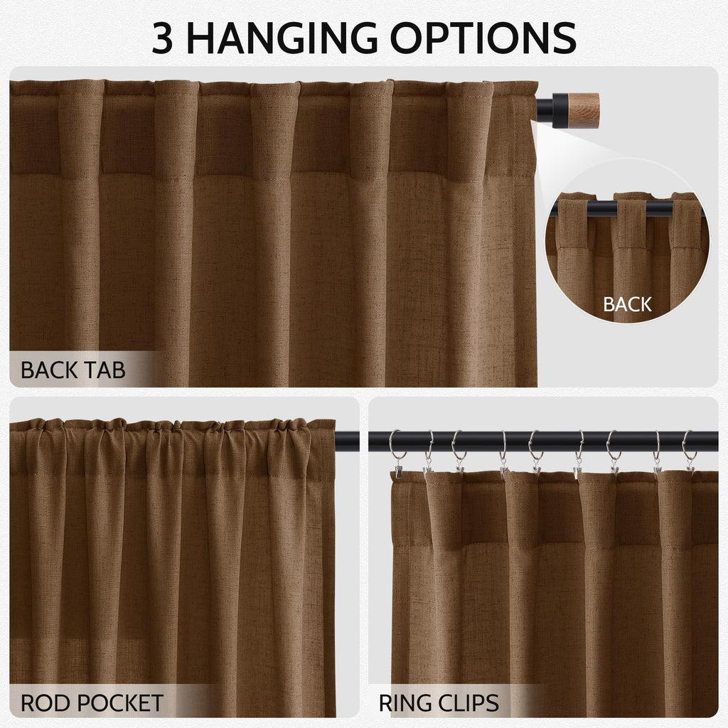 Tobacco Brown Linen Curtains 120 Inch Extra Long Back Tab Light Filtering Semi Sheer Drapes Modern Farmhouse Decor