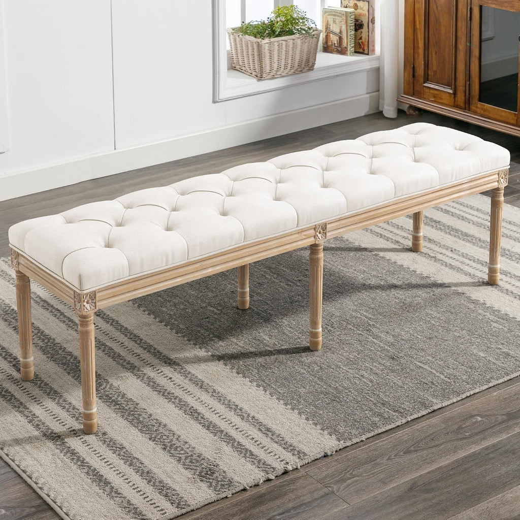 60" Fabric End of Bed Bench, Upholstered Tufted French Bedroom Bench with Carved Legs End of King Size Bed, Living