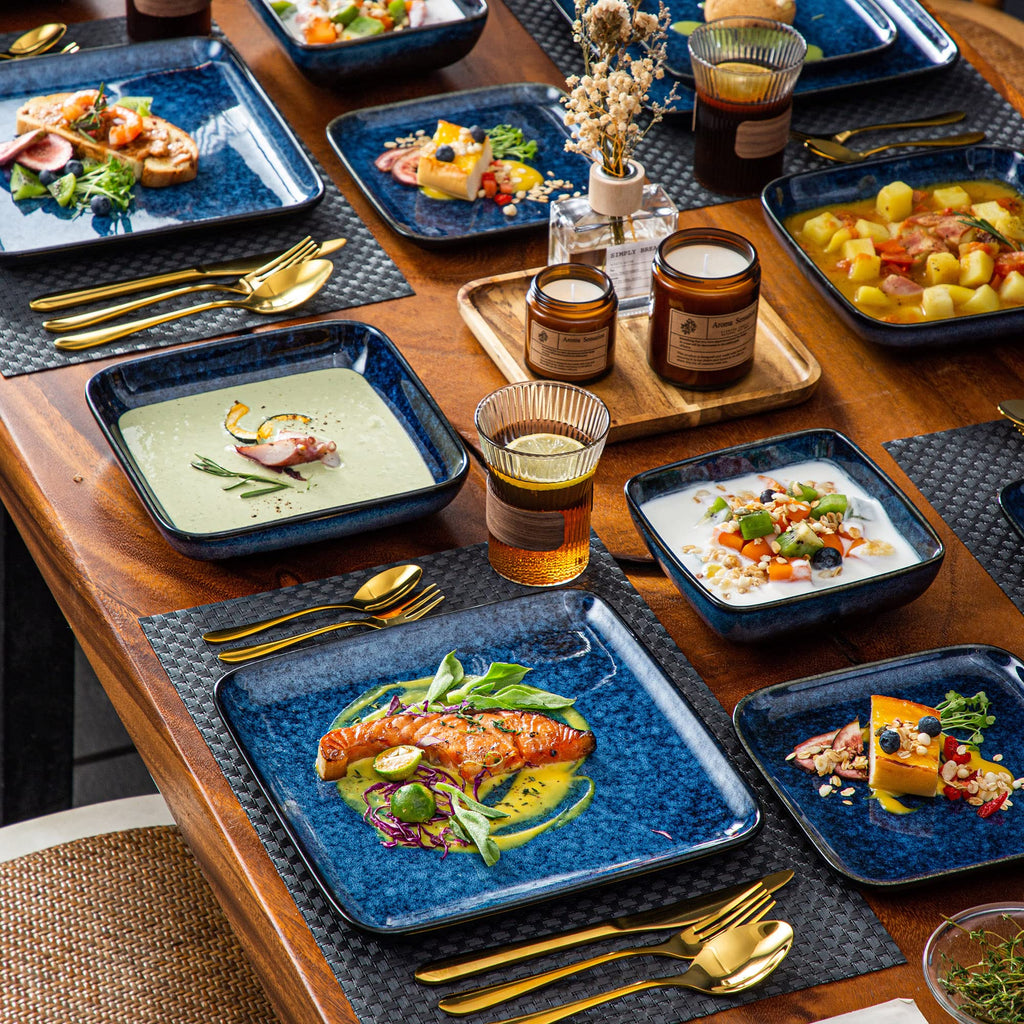 Square Stoneware Dinnerware Set for 4,16-Piece Plate and Bowl Set