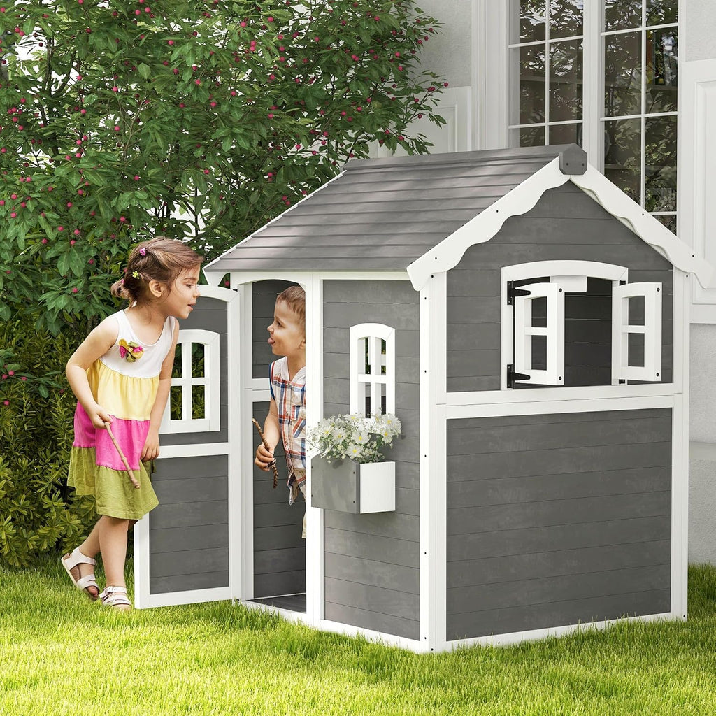 50x50x70in Kids' Outdoor Wooden Playhouse Includes Two Doors Two Windows Safety Floor PlanterBox for Children Ages 3