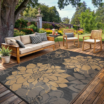 Outdoor Rug Reversible Modern Floral Patio Rug Waterproof & Washable Outside Carpet, UV Weather Resistant RV