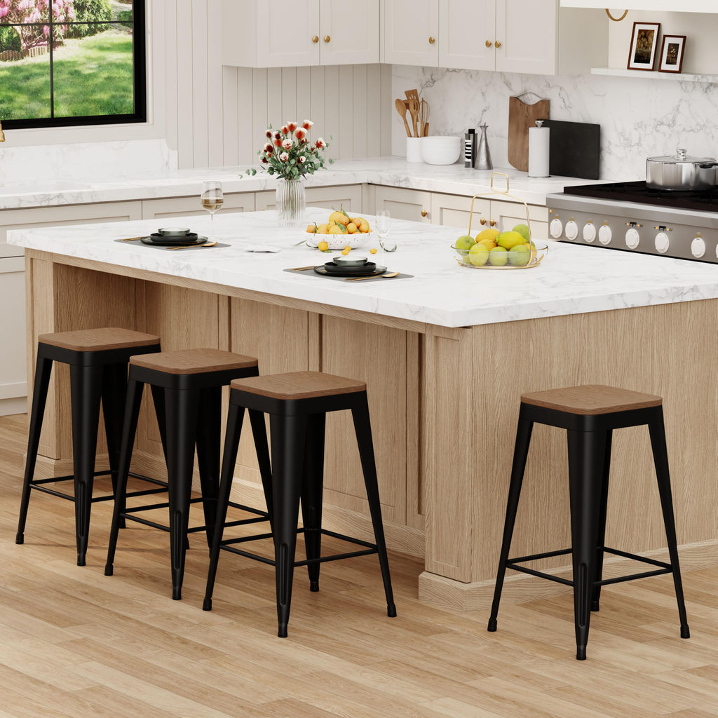 24" Metal Bar Stools Set of 4 Black Counter Height Stools with Wood Seat Stackable Backless Industrial Style Stools