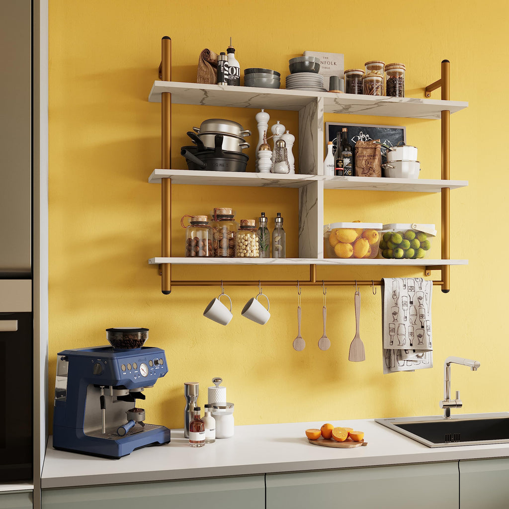 Kitchen Shelves Wall Mounted Floating Pipe Shelving 3 Tier 41.5" Coffee Bar Shelf with Holder Wall Display Storage
