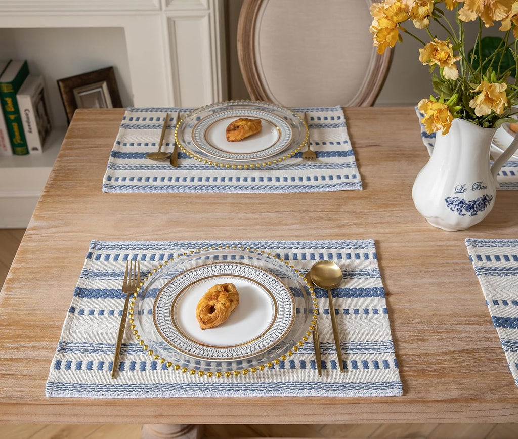 Boho Placemats, Blue Beige Cotton Linen Woven Place Mats - Set of 6