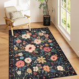 3x5 Washable Floral Area Rug, Lightweight Non-Slip Carpet for Living Room Bedroom Black