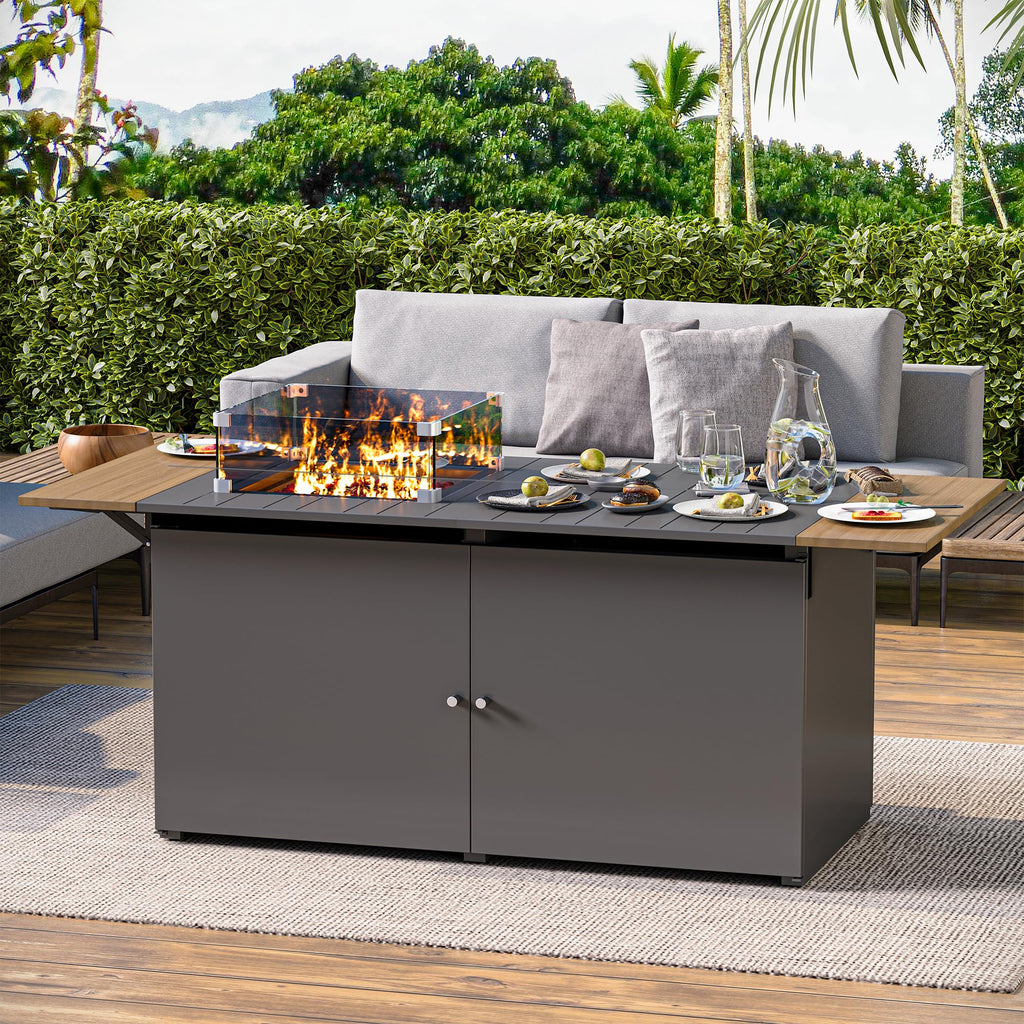 Propane Fire Pit Table 64 Inch with Lid, 60, 000 BTU Gas Fire Pits for Outside Patio with Glass Wind Guard, Dark Grey