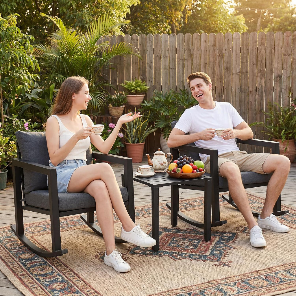 Outdoor Rocking Chair Set 2 with Coffee Table, 3 Piece Metal Rocking Bistro Set with 5.1" High Density Cushions for