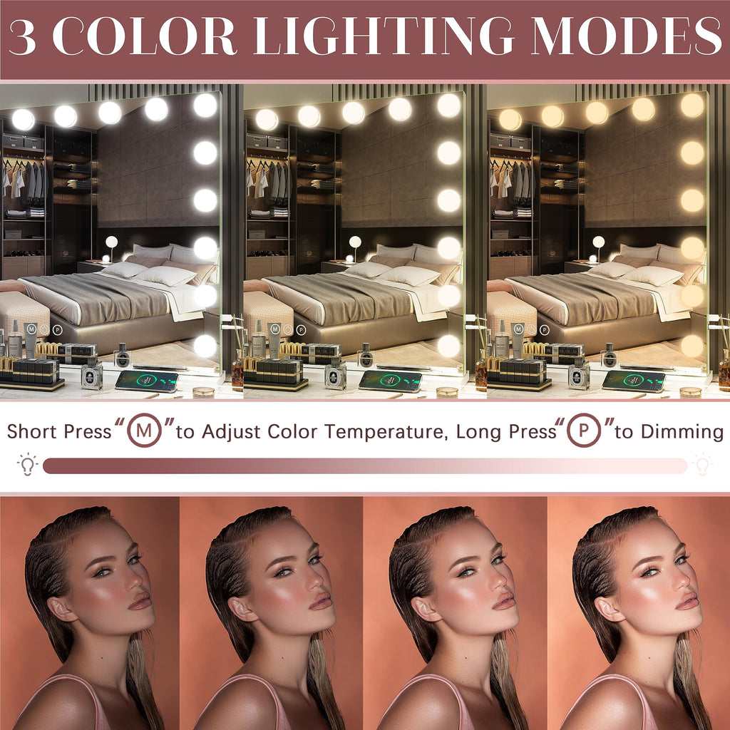 32"x24" Hollywood Vanity Mirror with Lights, 15 Dimmable LED Bulbs, 3 Color Modes, 10X Magnification, USB Charging
