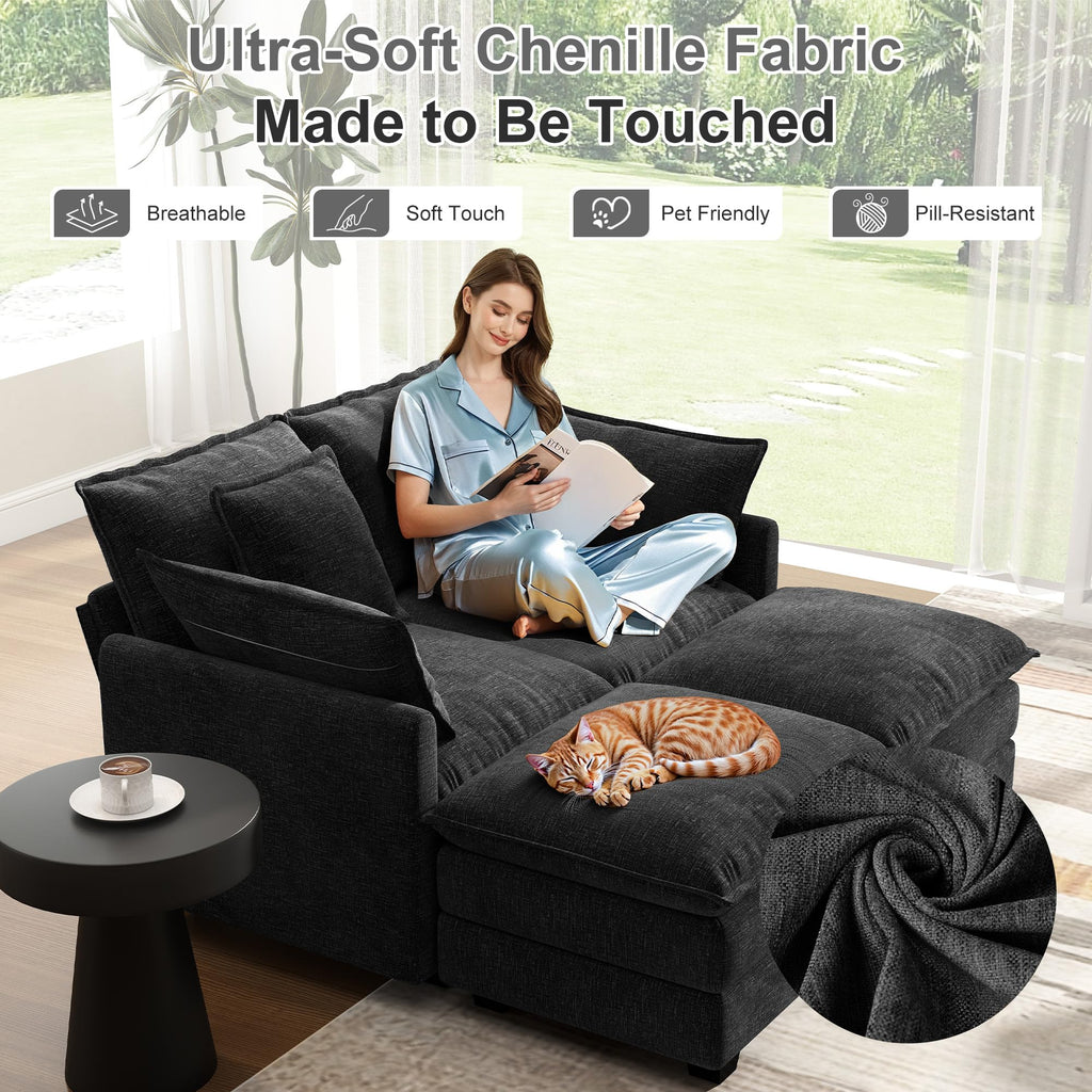 58" Cloud Couch Sectional Modular Sofa, Deep Seat Couches with Ottoman and Removable Washable Pillows, Black