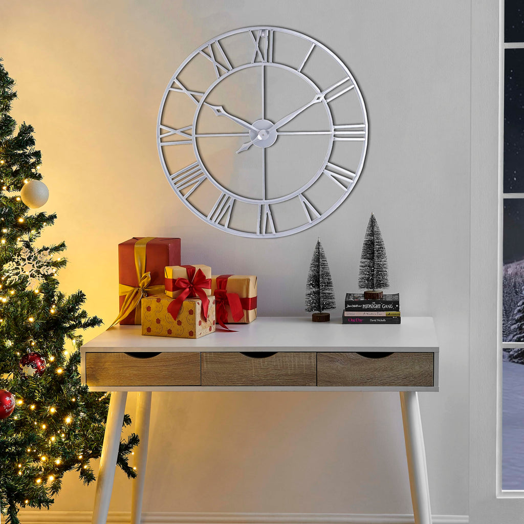 Large 30 Inch Wall Clock Decor, Silver Roman Numeral