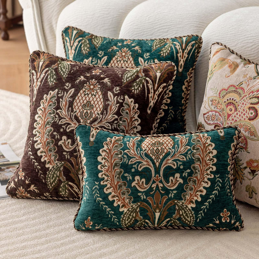 Embroidered Throw Pillow Cover 18x18 3D Chenille Baroque Damask, Brown