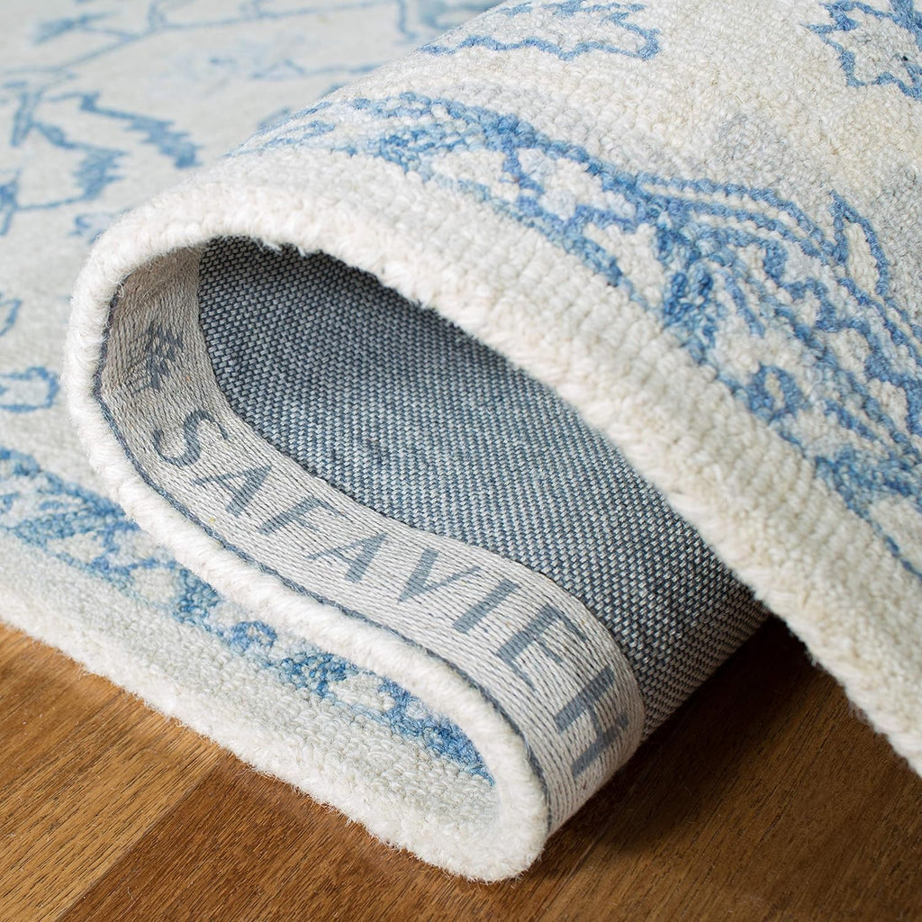 Micro-Loop 10' x 14' IvoryBlue Handmade Shabby Chic Medallion Premium Wool Dining Area Rug