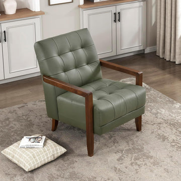 Modern Leather Match Accent Chair,Tufted,Solid Wood Arms,Green