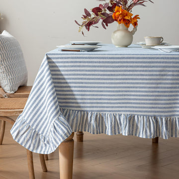 Striped Cotton Blend Tablecloth Ruffled Table Cloth Blue, 60"×102"