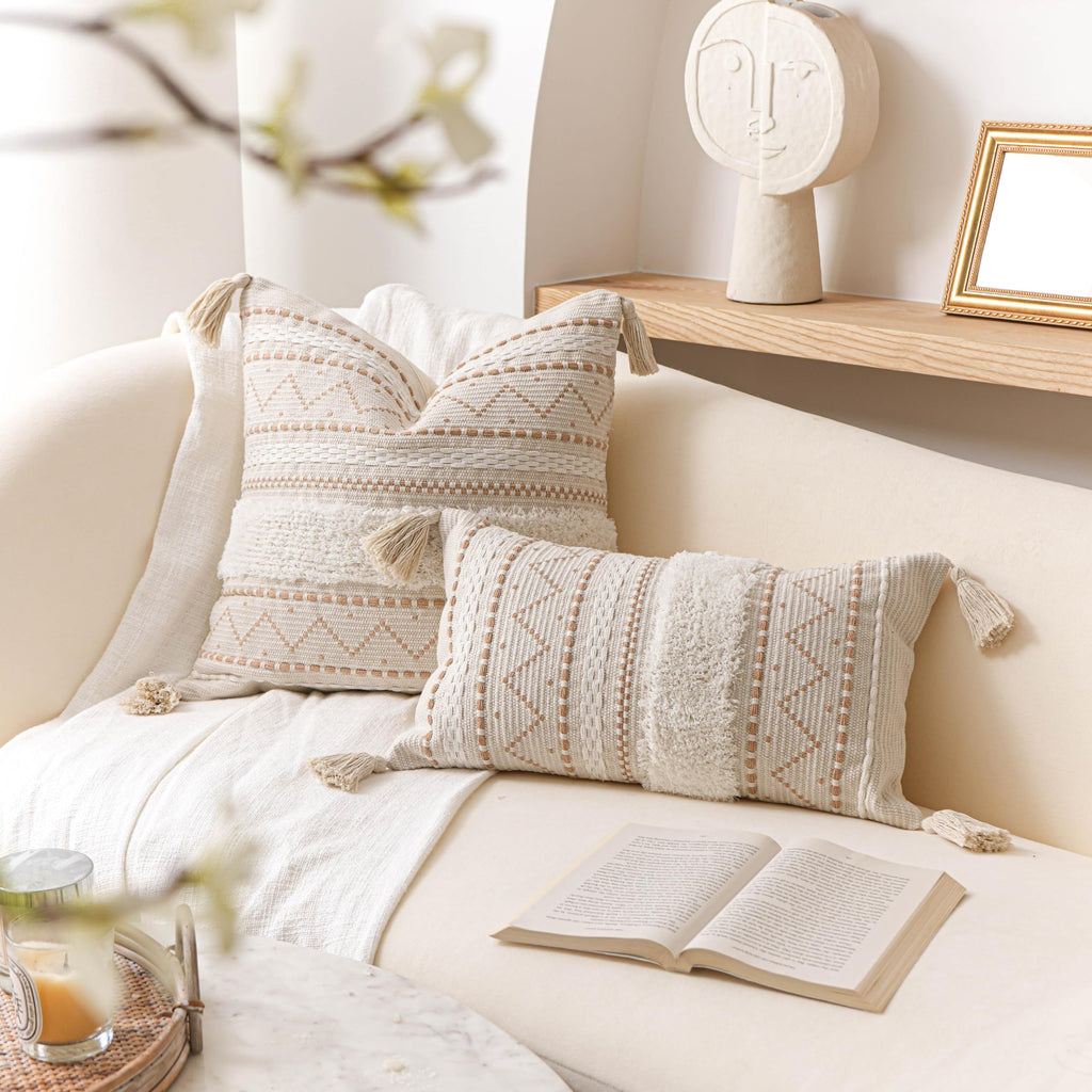 20X20 Throw Pillow Cover, Cream Neutral Beige Square Decorative Cushion Cover, Boho Accent Pillowcase with Tufted