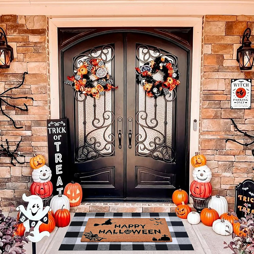 Halloween Decor Doormat Combo Set, 100 Percent Coco Coir Welcome Mat + 28X43 Inches Black and White Plaid Rug