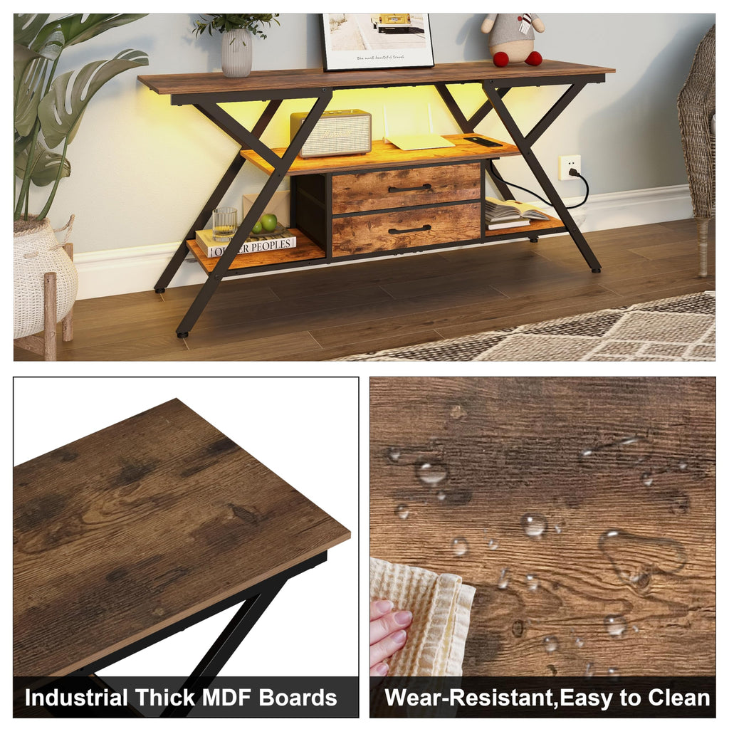 TV Stand with Power Outlet & LED Lights for TVs up to 65", Rustic Brown