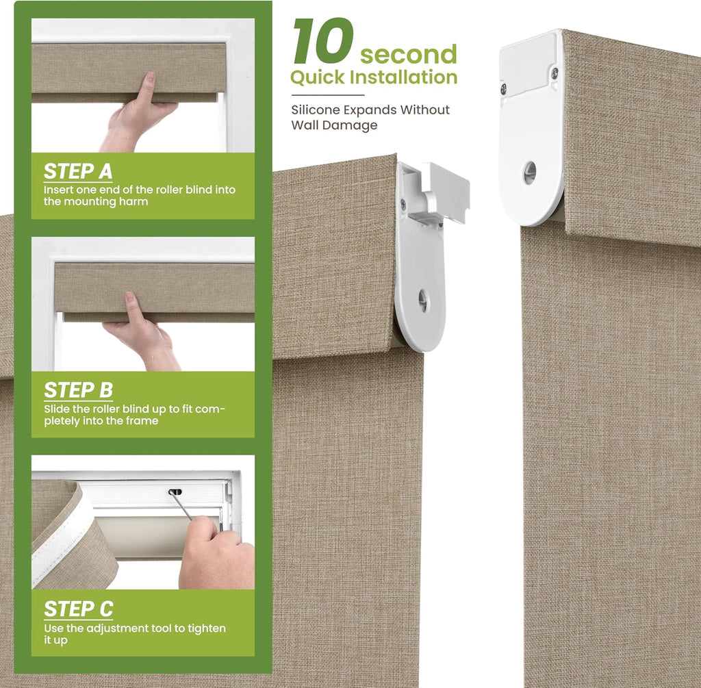 No Drill No Tools Blackout Cordless Roller Shades | Easy Install Roller Blinds Thermal Insulated Windows Shades for
