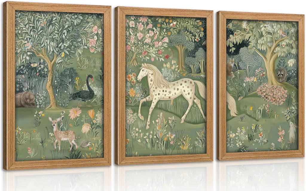 Framed Vintage Woodland Animal Nursery Wall Art Magic Horse Bear Deer Poster Green Fantasy Forest Botanical Pictures
