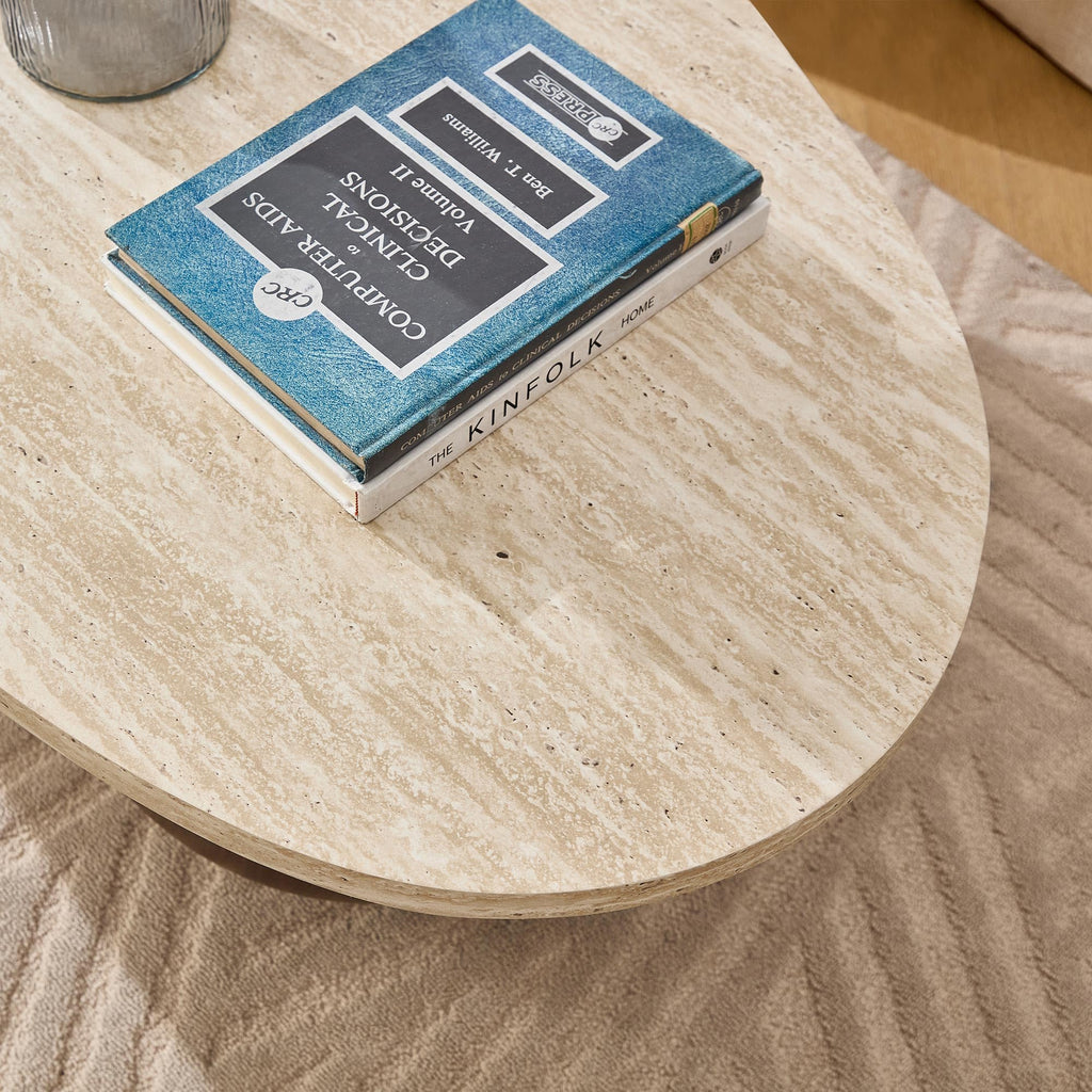 55'' Modern Oval Wood Coffee Table, 3 Walnut Accent Legs