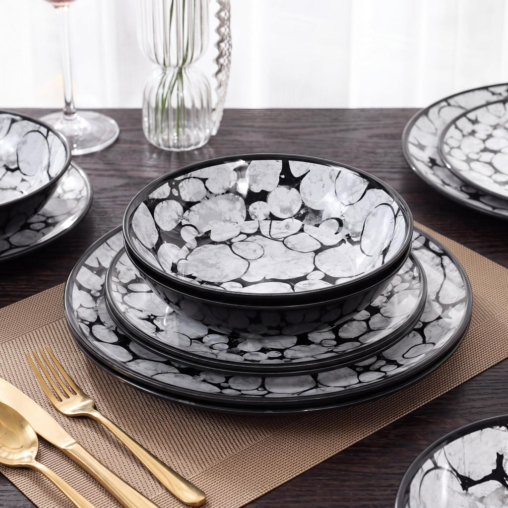 Melamine Dinnerware Set 12pcs, Black and White Plates and Bowls Sets