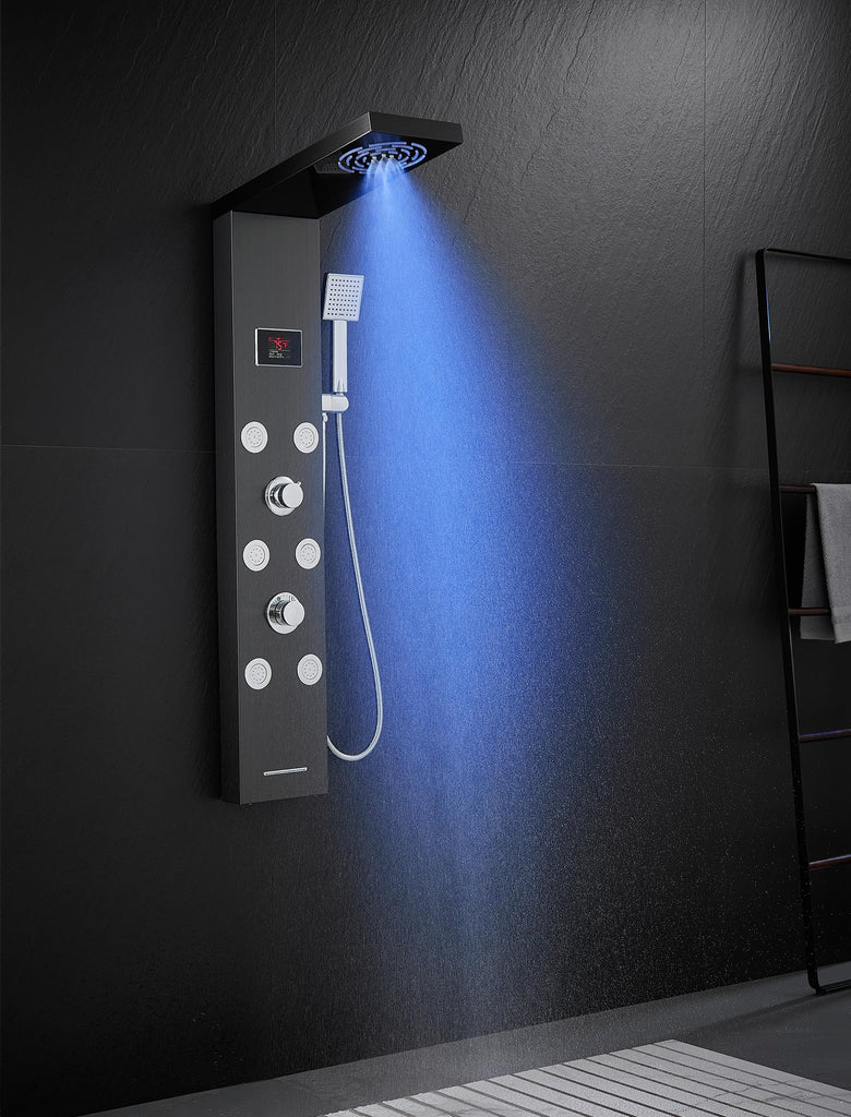 Stainless Steel Shower Panel Tower System with LED lights Black